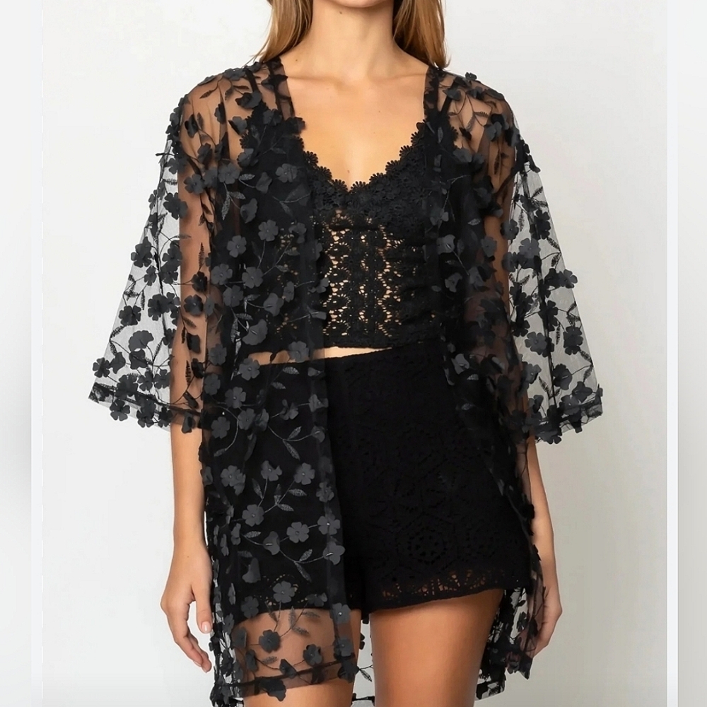 Cynthia Rowley Taffeta Tulle Black Floral Lace Embroidered Sheer  1X Cardigan